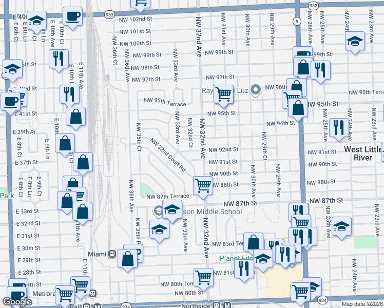 map of restaurants, bars, coffee shops, grocery stores, and more near 3258 Northwest 92nd Street in Miami