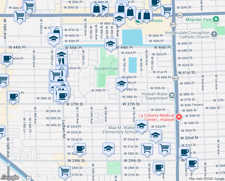 map of restaurants, bars, coffee shops, grocery stores, and more near 828 West 39th Place in Hialeah