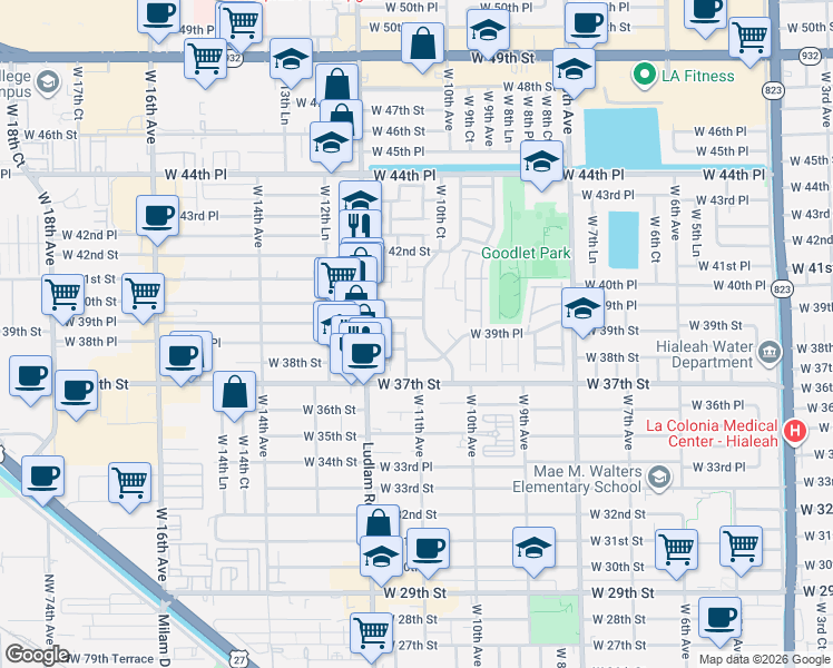 map of restaurants, bars, coffee shops, grocery stores, and more near 3925 West 10th Court in Hialeah