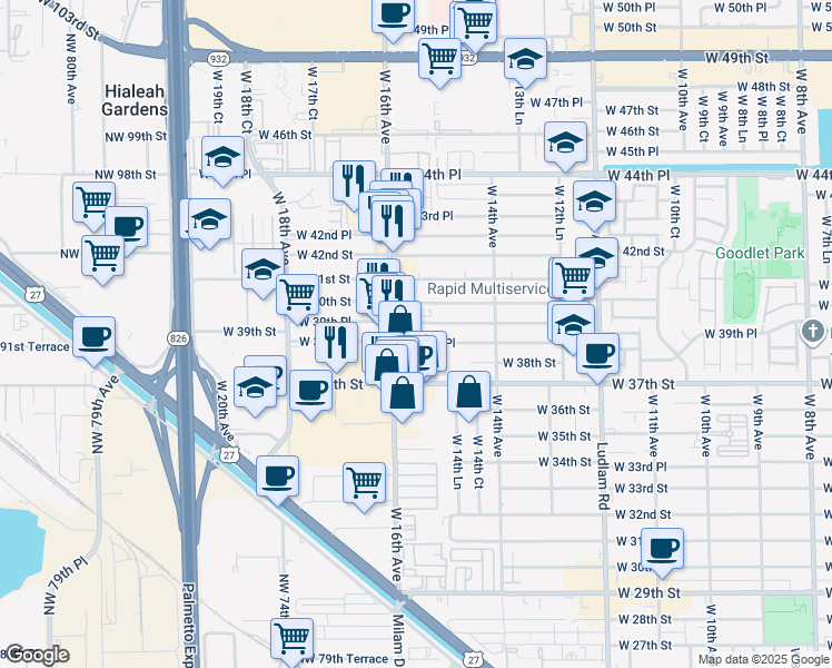 map of restaurants, bars, coffee shops, grocery stores, and more near 3875 West 16th Avenue in Hialeah