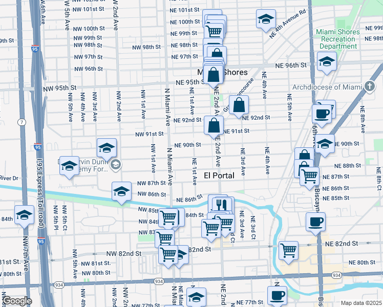 map of restaurants, bars, coffee shops, grocery stores, and more near 63 Northeast 89th Street in El Portal