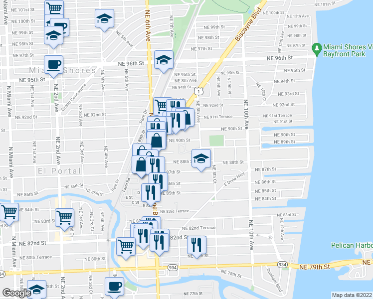 map of restaurants, bars, coffee shops, grocery stores, and more near 742 Northeast 90th Street in Miami