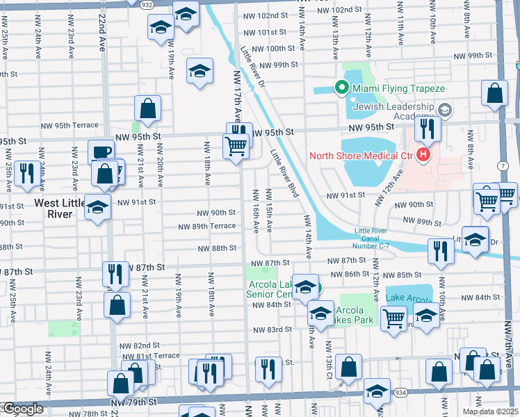 map of restaurants, bars, coffee shops, grocery stores, and more near 9011 Northwest 16th Avenue in Miami
