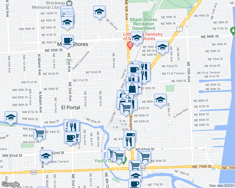 map of restaurants, bars, coffee shops, grocery stores, and more near 8743 Northeast 4th Avenue Road in Miami Shores