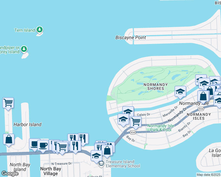 map of restaurants, bars, coffee shops, grocery stores, and more near 1165 North Shore Drive in Miami Beach