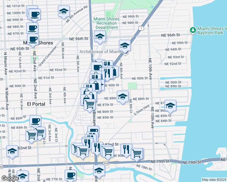 map of restaurants, bars, coffee shops, grocery stores, and more near 742 Northeast 90th Street in Miami
