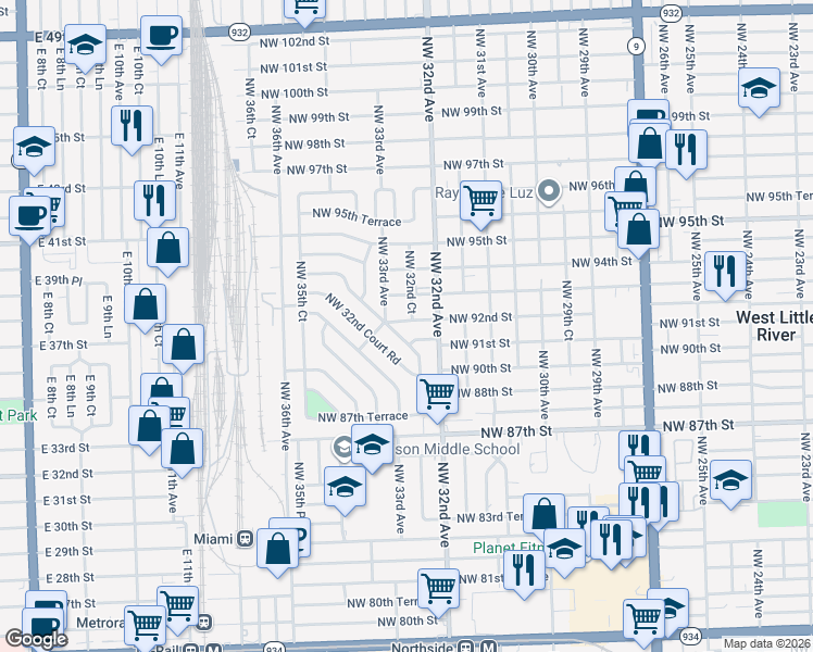 map of restaurants, bars, coffee shops, grocery stores, and more near 3258 Northwest 92nd Street in Miami