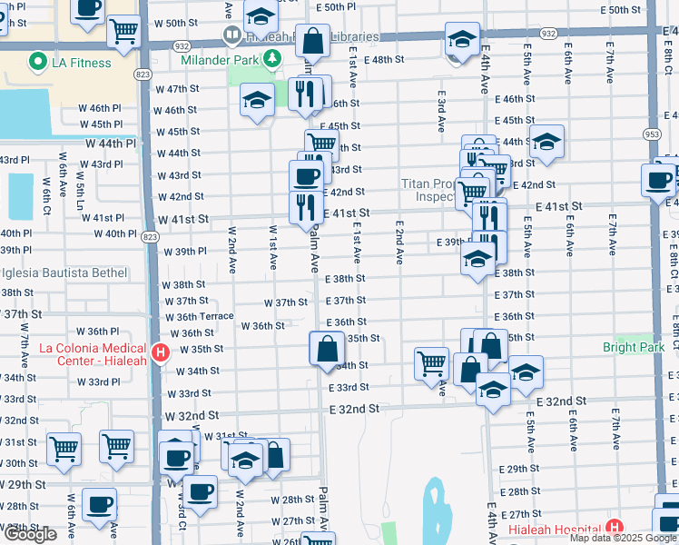 map of restaurants, bars, coffee shops, grocery stores, and more near 51 East 38th Street in Hialeah