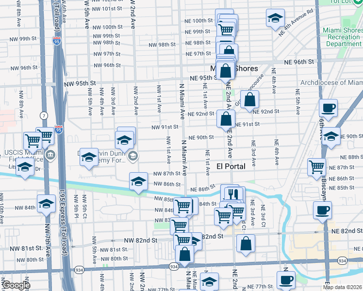 map of restaurants, bars, coffee shops, grocery stores, and more near 8910 North Miami Avenue in El Portal