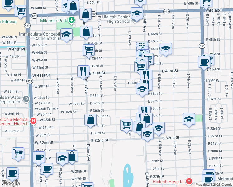 map of restaurants, bars, coffee shops, grocery stores, and more near in Hialeah