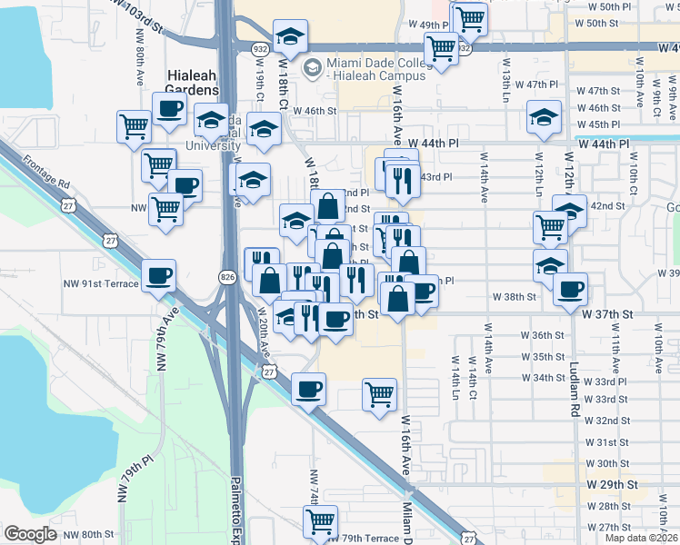 map of restaurants, bars, coffee shops, grocery stores, and more near 1741 West 38th Place in Hialeah