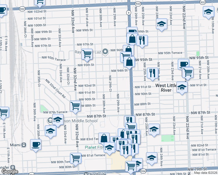map of restaurants, bars, coffee shops, grocery stores, and more near 9150 NW 29th Ct in Miami