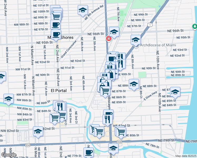 map of restaurants, bars, coffee shops, grocery stores, and more near 8719 Northeast 4th Avenue Road in Miami Shores