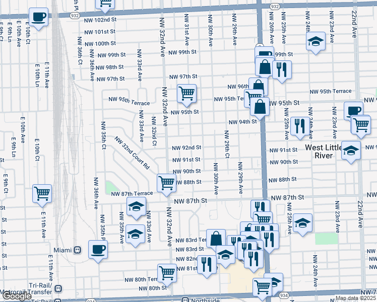 map of restaurants, bars, coffee shops, grocery stores, and more near 3110 Northwest 92nd Street in Miami
