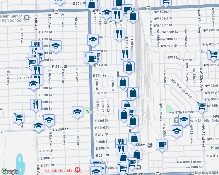 map of restaurants, bars, coffee shops, grocery stores, and more near 3760 East 9th Lane in Hialeah