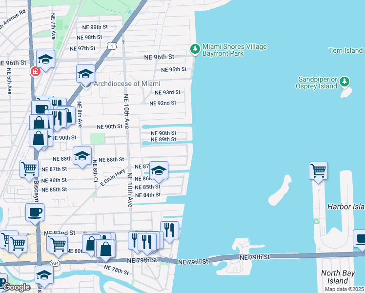 map of restaurants, bars, coffee shops, grocery stores, and more near 1234 North Bayshore Drive in Miami