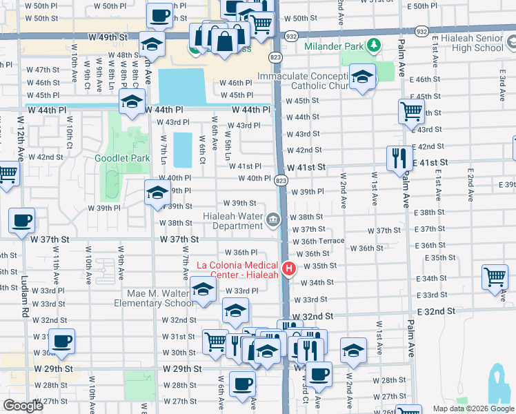 map of restaurants, bars, coffee shops, grocery stores, and more near 470 West 39th Street in Hialeah