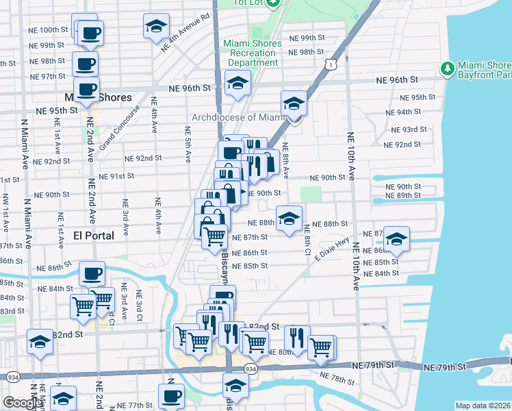map of restaurants, bars, coffee shops, grocery stores, and more near 742 Northeast 90th Street in Miami