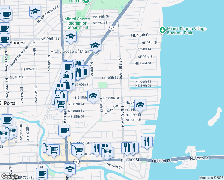 map of restaurants, bars, coffee shops, grocery stores, and more near 8840 Northeast 9th Court in Miami