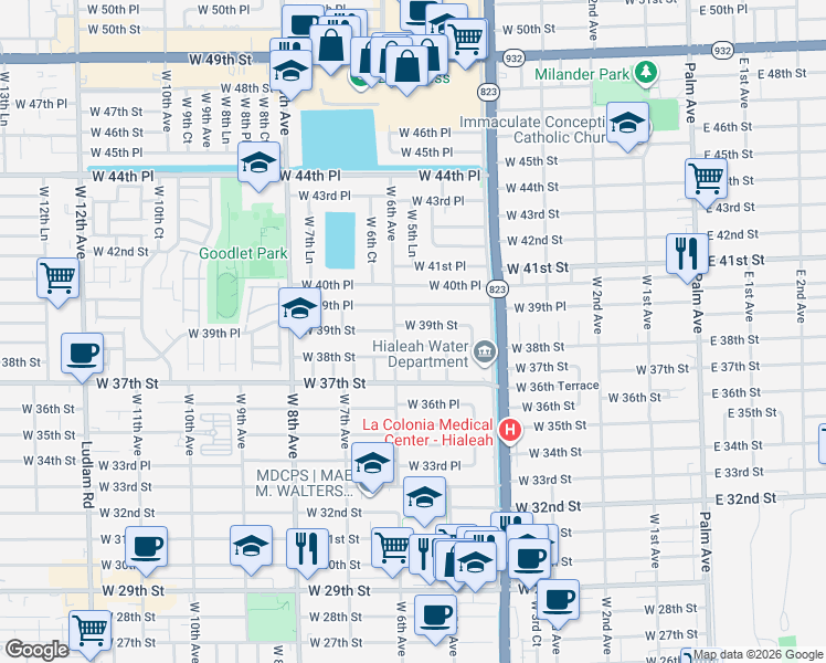 map of restaurants, bars, coffee shops, grocery stores, and more near 560 West 39th Street in Hialeah