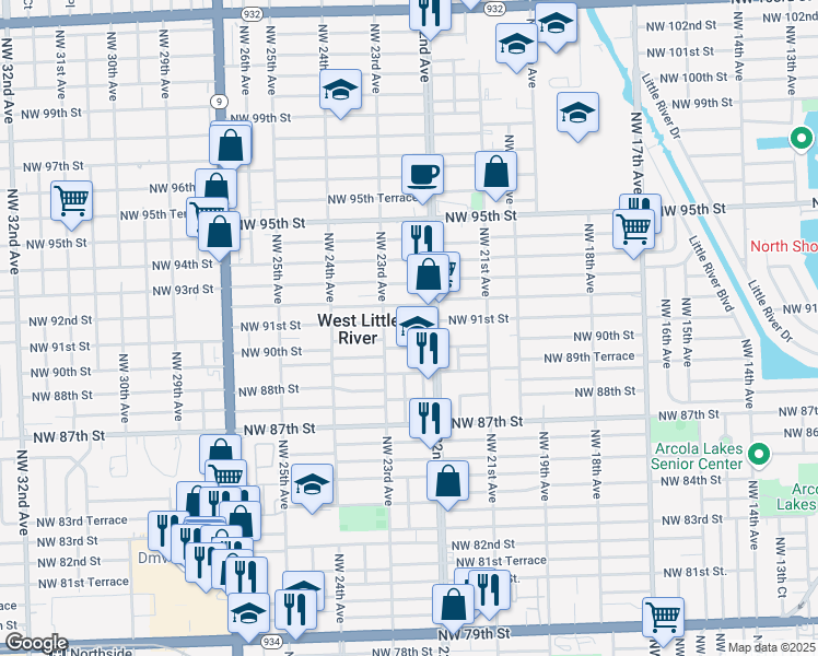 map of restaurants, bars, coffee shops, grocery stores, and more near 2254 Northwest 91st Street in Miami