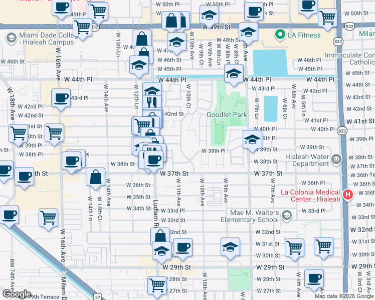 map of restaurants, bars, coffee shops, grocery stores, and more near 3925 West 10th Court in Hialeah
