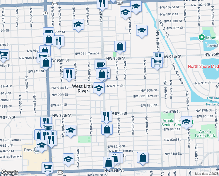 map of restaurants, bars, coffee shops, grocery stores, and more near 2182 Northwest 91st Street in Miami