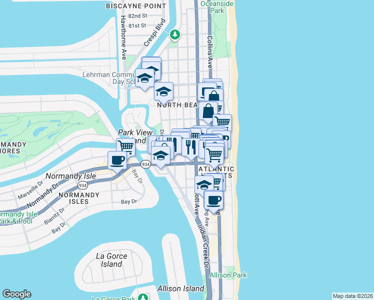 map of restaurants, bars, coffee shops, grocery stores, and more near 7136 Abbott Avenue in Miami Beach