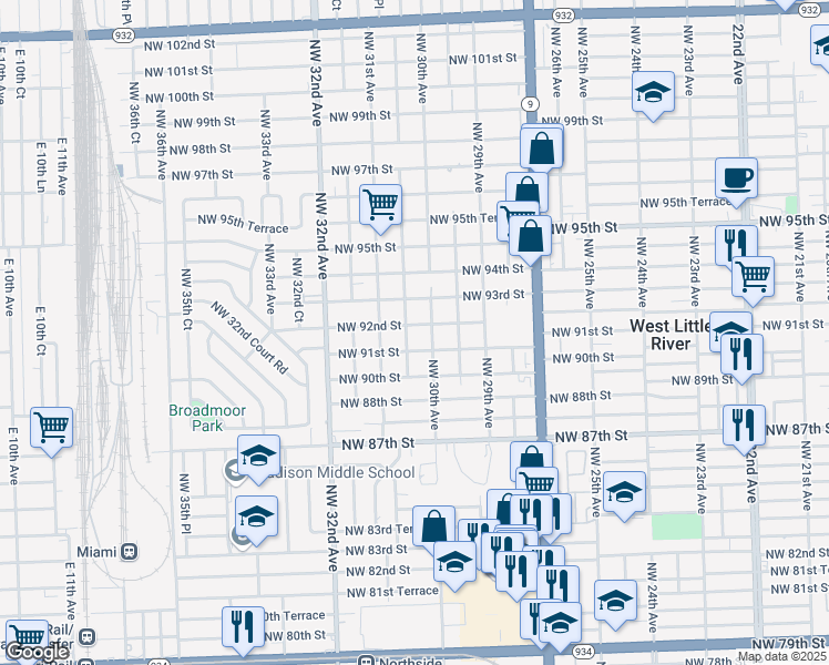 map of restaurants, bars, coffee shops, grocery stores, and more near 3030 Northwest 92nd Street in Miami