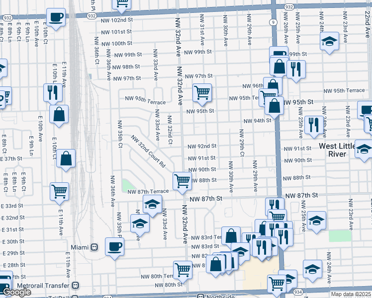 map of restaurants, bars, coffee shops, grocery stores, and more near 3180 Northwest 92nd Street in Miami