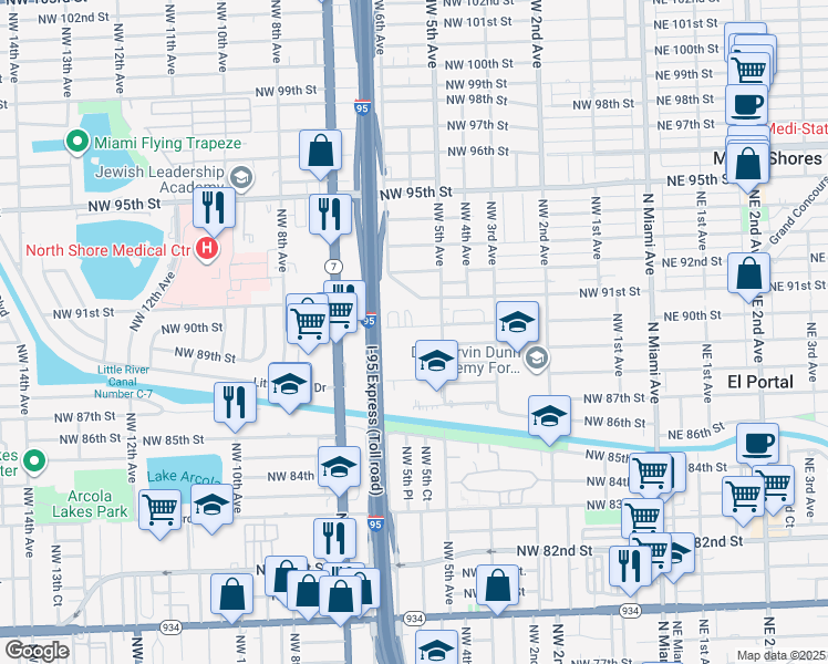 map of restaurants, bars, coffee shops, grocery stores, and more near 550 Northwest 90th Street in El Portal