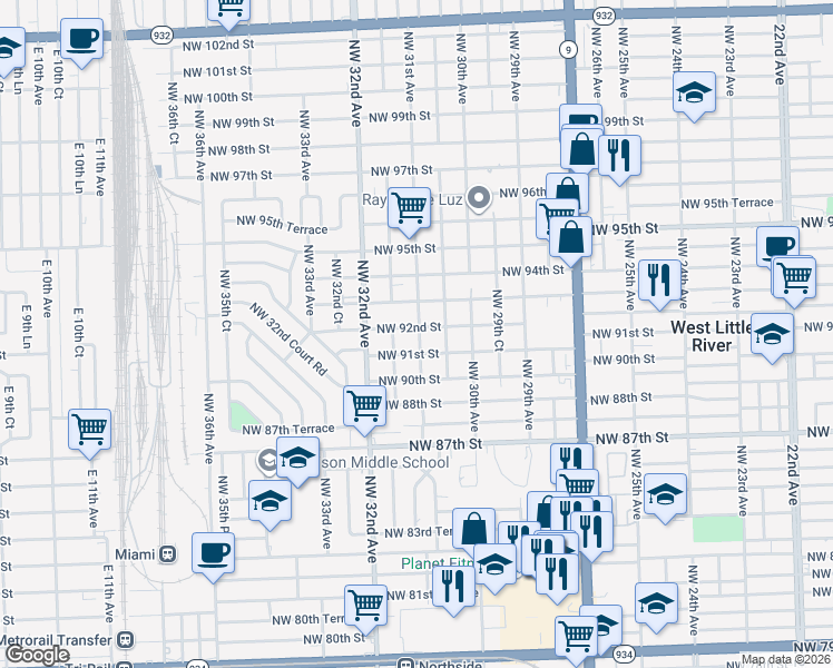 map of restaurants, bars, coffee shops, grocery stores, and more near 3110 Northwest 92nd Street in Miami