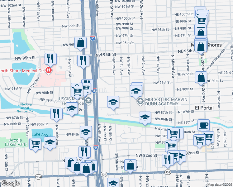 map of restaurants, bars, coffee shops, grocery stores, and more near 475 Northwest 89th Street in El Portal