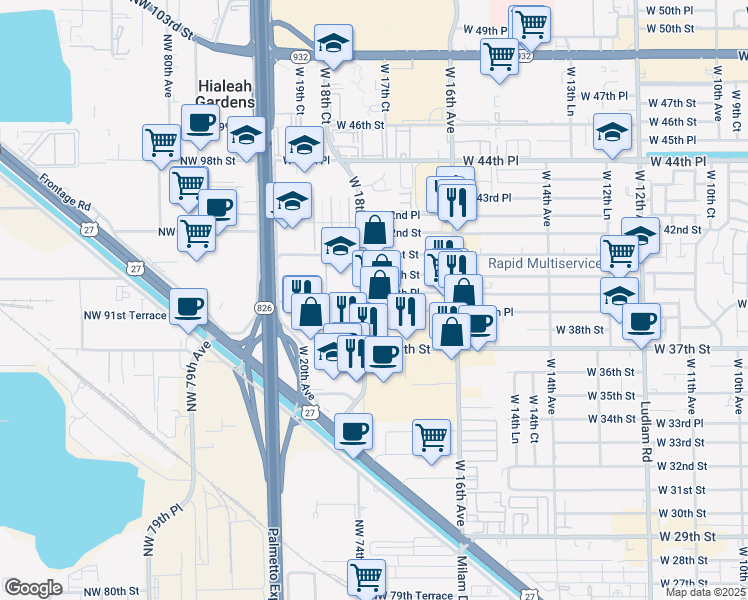 map of restaurants, bars, coffee shops, grocery stores, and more near 1741 West 38th Place in Hialeah