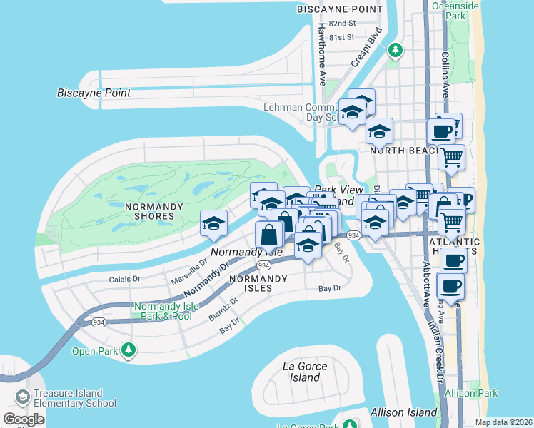 map of restaurants, bars, coffee shops, grocery stores, and more near 1201 Marseille Drive in Miami