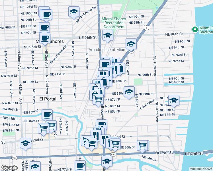 map of restaurants, bars, coffee shops, grocery stores, and more near 65 Northeast 88th Terrace in Miami Shores