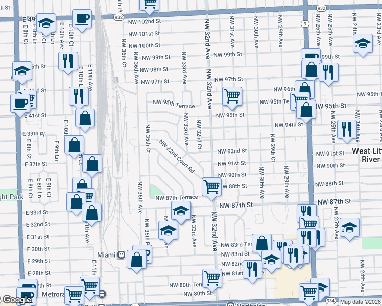 map of restaurants, bars, coffee shops, grocery stores, and more near 3346 Northwest 92nd Street in Miami