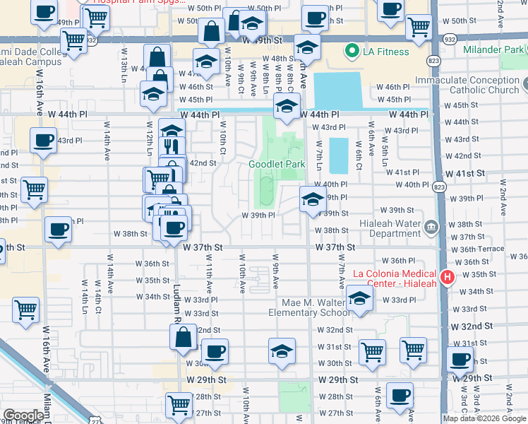 map of restaurants, bars, coffee shops, grocery stores, and more near 880 West 39th Place in Hialeah
