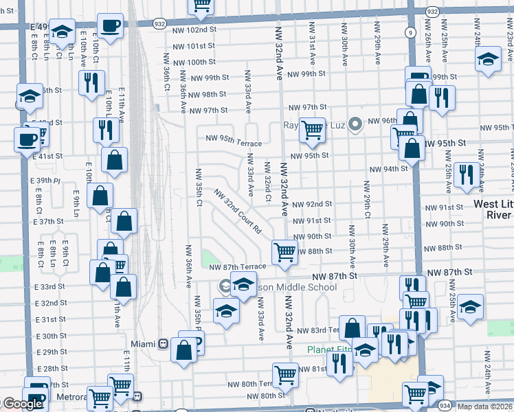 map of restaurants, bars, coffee shops, grocery stores, and more near 3352 Northwest 92nd Street in Miami