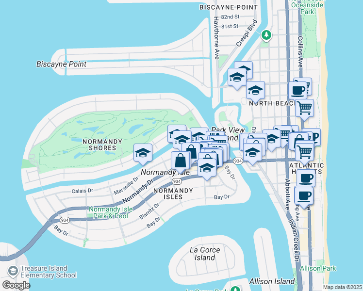 map of restaurants, bars, coffee shops, grocery stores, and more near 1201 Marseille Drive in Miami