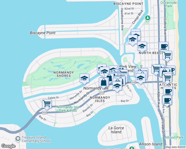 map of restaurants, bars, coffee shops, grocery stores, and more near 300 South Shore Drive in Miami Beach