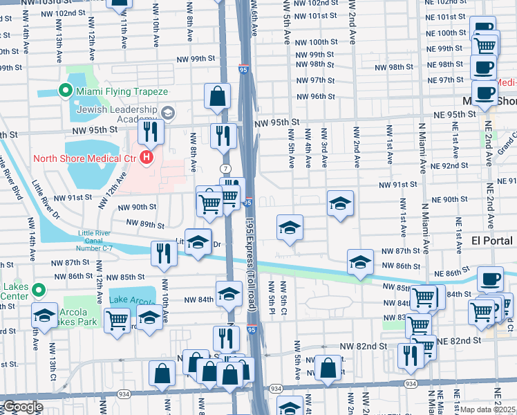 map of restaurants, bars, coffee shops, grocery stores, and more near 617 Northwest 90th Street in Miami