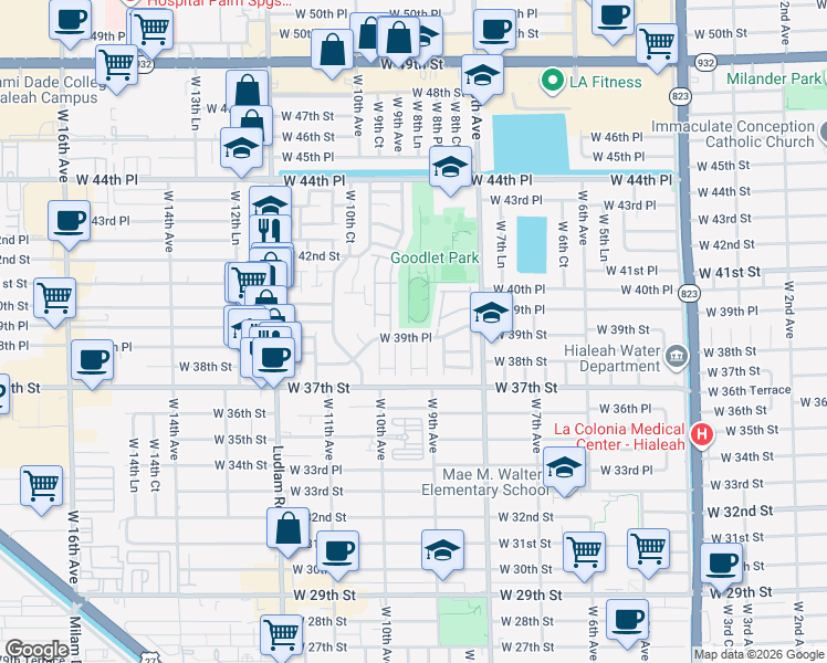 map of restaurants, bars, coffee shops, grocery stores, and more near 880 West 39th Place in Hialeah