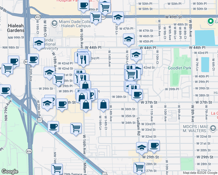 map of restaurants, bars, coffee shops, grocery stores, and more near 1433 West 38th Place in Hialeah