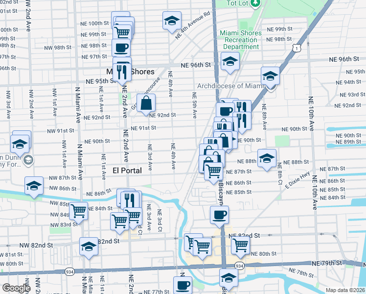 map of restaurants, bars, coffee shops, grocery stores, and more near 433 Northeast 89th Street in El Portal