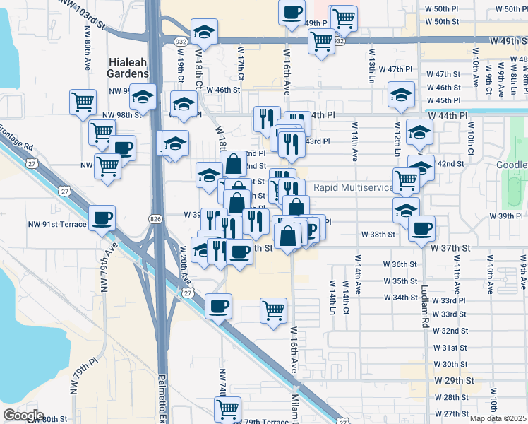 map of restaurants, bars, coffee shops, grocery stores, and more near 1671 West 38th Place in Hialeah