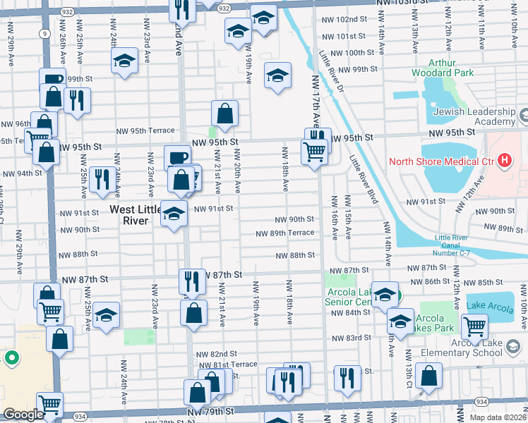 map of restaurants, bars, coffee shops, grocery stores, and more near 1851 Northwest 90th Street in Miami