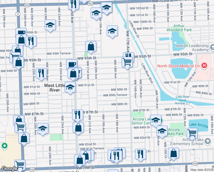 map of restaurants, bars, coffee shops, grocery stores, and more near 1851 Northwest 90th Street in Miami
