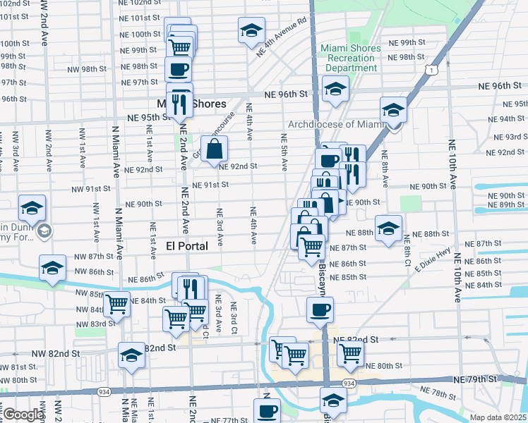 map of restaurants, bars, coffee shops, grocery stores, and more near 433 Northeast 89th Street in El Portal
