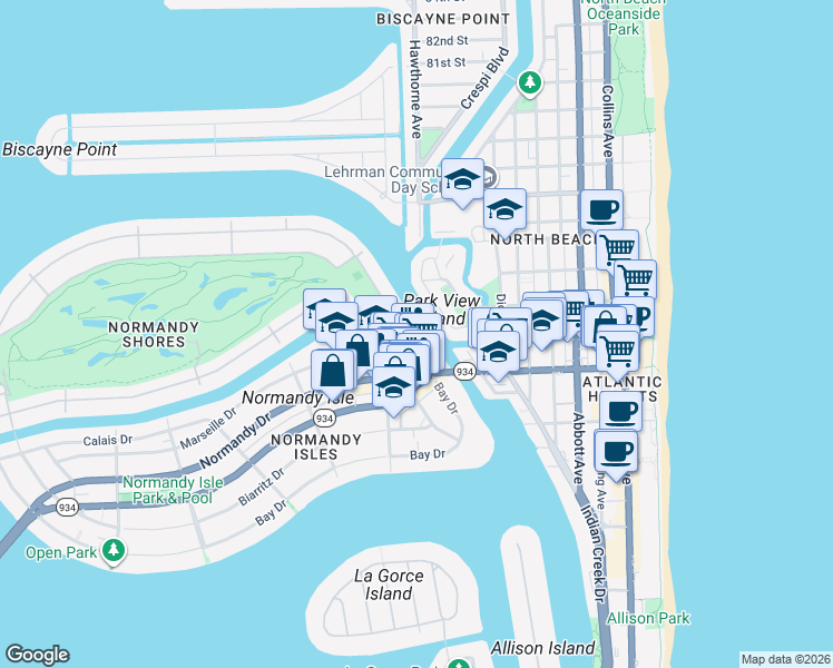 map of restaurants, bars, coffee shops, grocery stores, and more near 7171 Bay Drive in Miami Beach